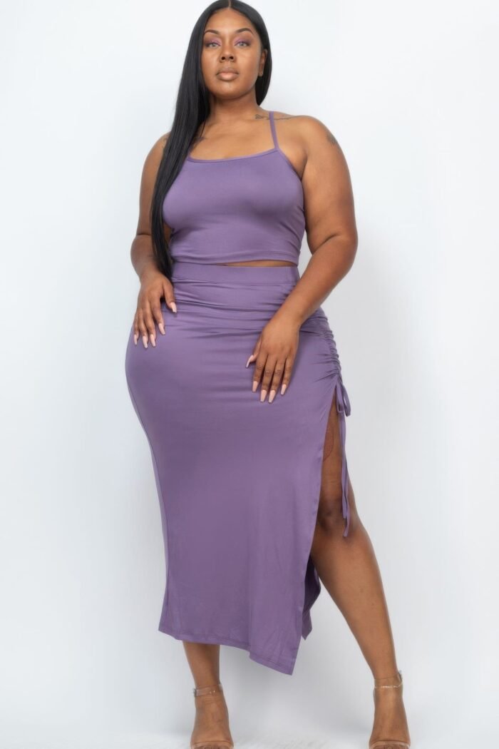 Plus size cami crop top & ruched side split hem midi skirt set