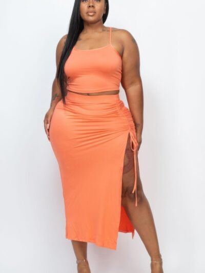 Plus Size Cami Crop Top & Ruched Side Split Hem Midi Skirt Set Plus Size Cami Crop Top & Ruched Side Split Hem Midi Skirt Set