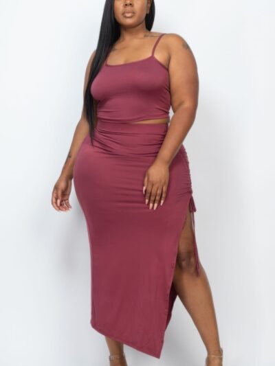 Plus Size Cami Crop Top & Ruched Side Split Hem Midi Skirt Set