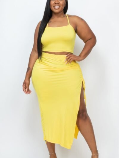 Plus Size Cami Crop Top & Ruched Side Split Hem Midi Skirt Set Plus Size Cami Crop Top & Ruched Side Split Hem Midi Skirt Set