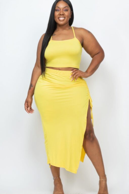 Plus Size Cami Crop Top & Ruched Side Split Hem Midi Skirt Set - Image 9