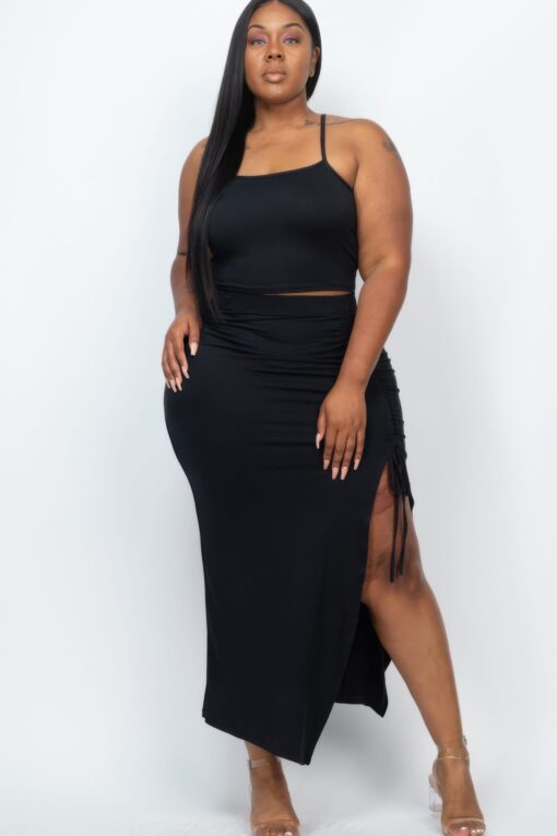 Plus Size Cami Crop Top & Ruched Side Split Hem Midi Skirt Set - Image 10