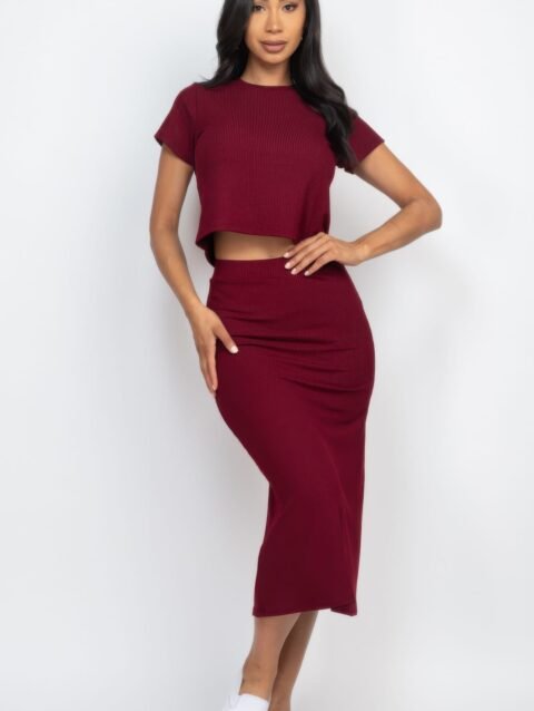 Ribbed Midi Skirt and Top Set | High-stretch Rib Knit Fabric