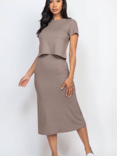 Short Sleeve Ribbed Top & Midi Skirt Se Ribbed Midi Skirt and Top Set | High-stretch Rib Knit Fabric