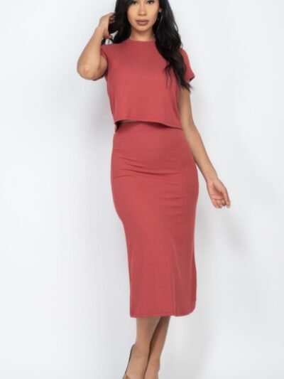 Short Sleeve Ribbed Top & Midi Skirt Se Ribbed Midi Skirt and Top Set | High-stretch Rib Knit Fabric