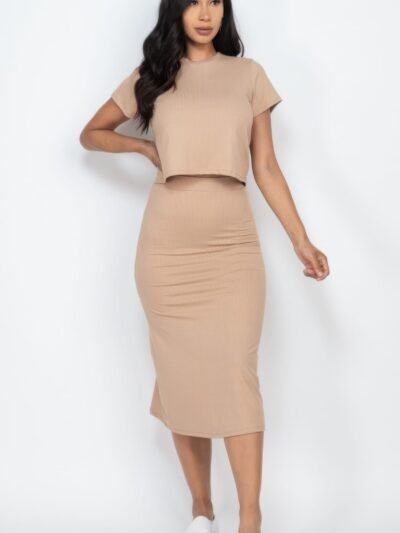 Short Sleeve Ribbed Top & Midi Skirt Se Ribbed Midi Skirt and Top Set | High-stretch Rib Knit Fabric