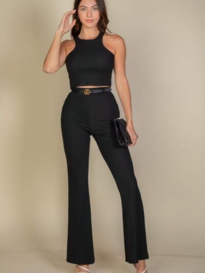 Ribbed Cropped Top And Bootcut Pants Sets