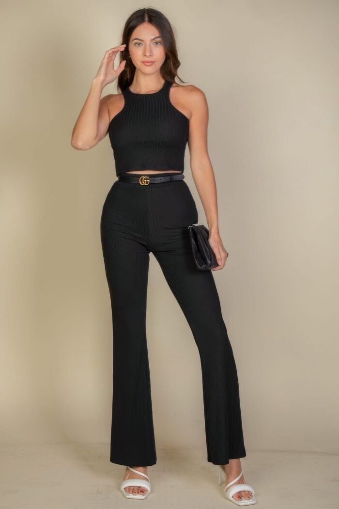 Ribbed cropped top and bootcut pants sets - image 1