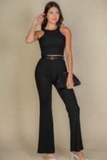 Ribbed Cropped Top And Bootcut Pants Sets - Image 2