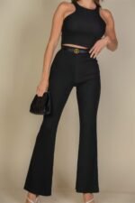 Ribbed Cropped Top And Bootcut Pants Sets - Image 4