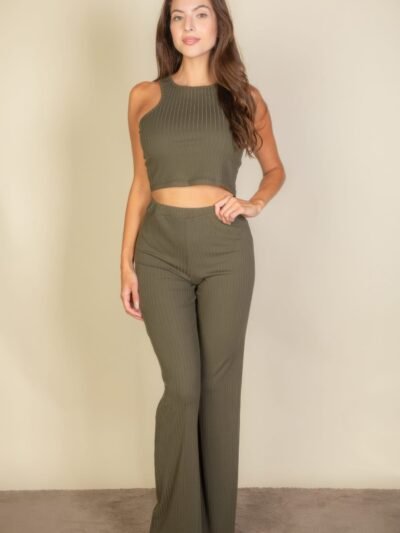 Ribbed Cropped Top And Bootcut Pants Sets Ribbed Cropped Top And Bootcut Pants Sets