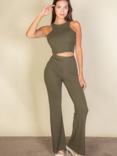 Ribbed Cropped Top And Bootcut Pants Sets Ribbed Cropped Top And Bootcut Pants Sets