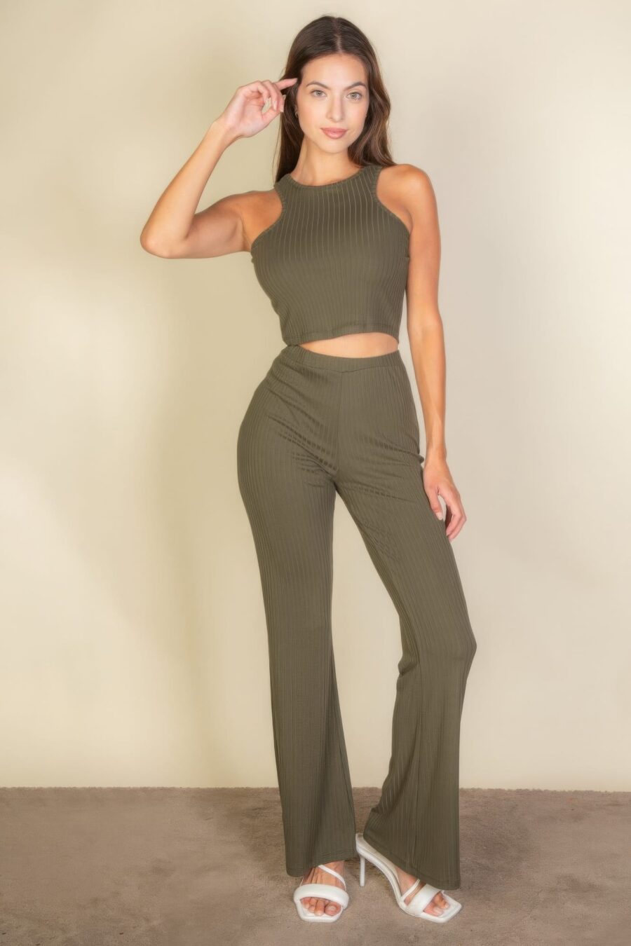 Ribbed cropped top and bootcut pants sets