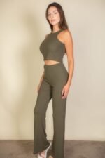 Ribbed Cropped Top And Bootcut Pants Sets - Image 9