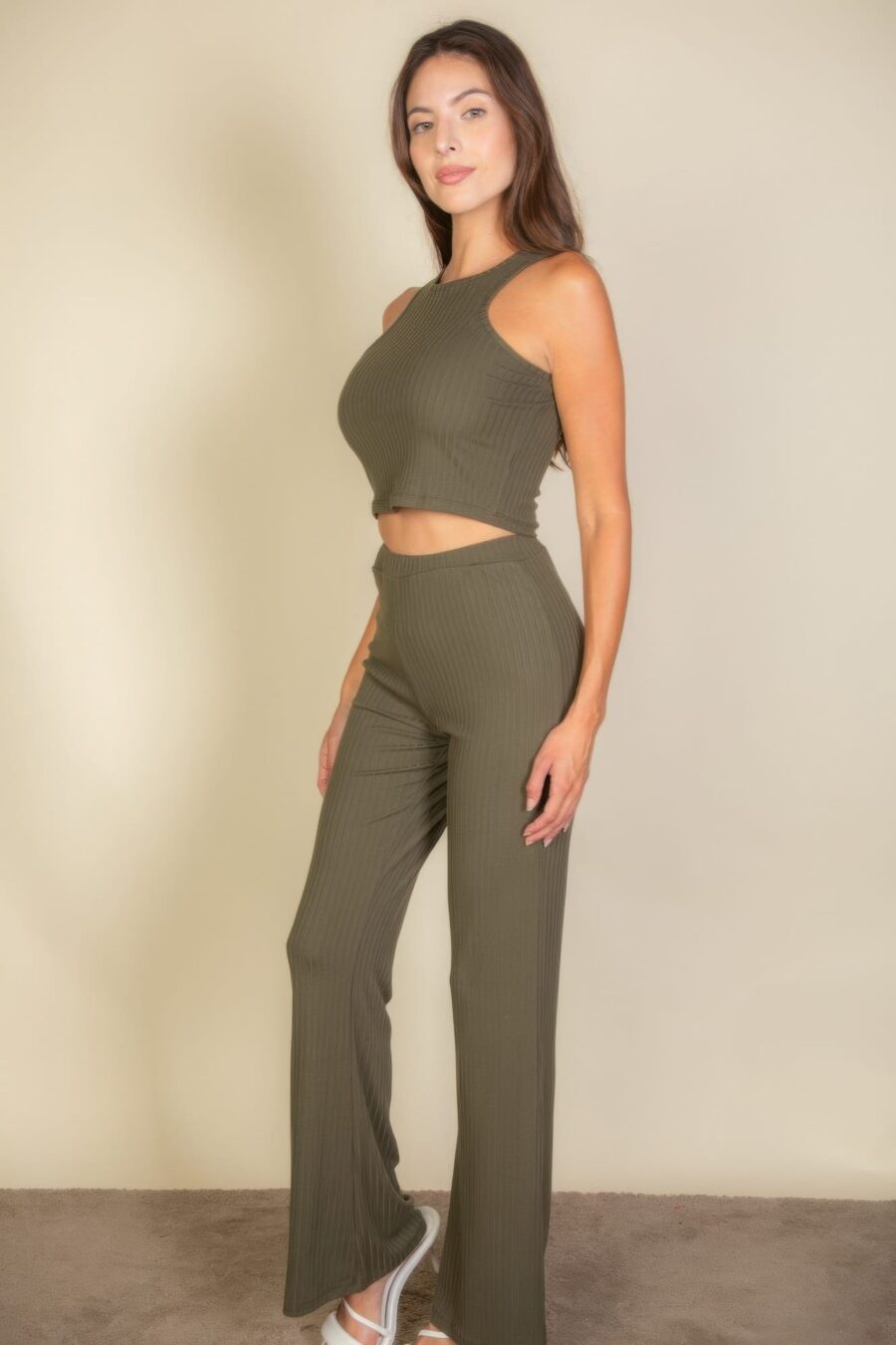 Ribbed cropped top and bootcut pants sets