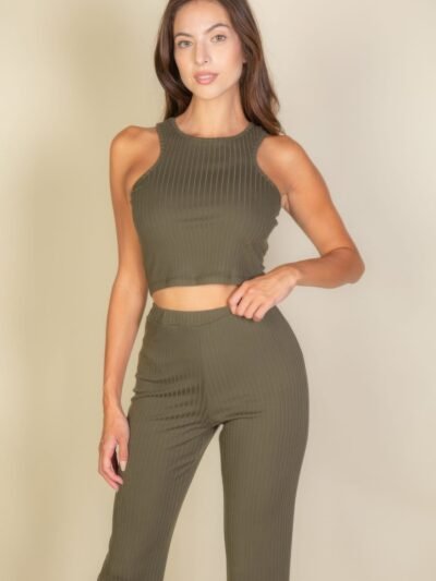 Ribbed Cropped Top And Bootcut Pants Sets Ribbed Cropped Top And Bootcut Pants Sets