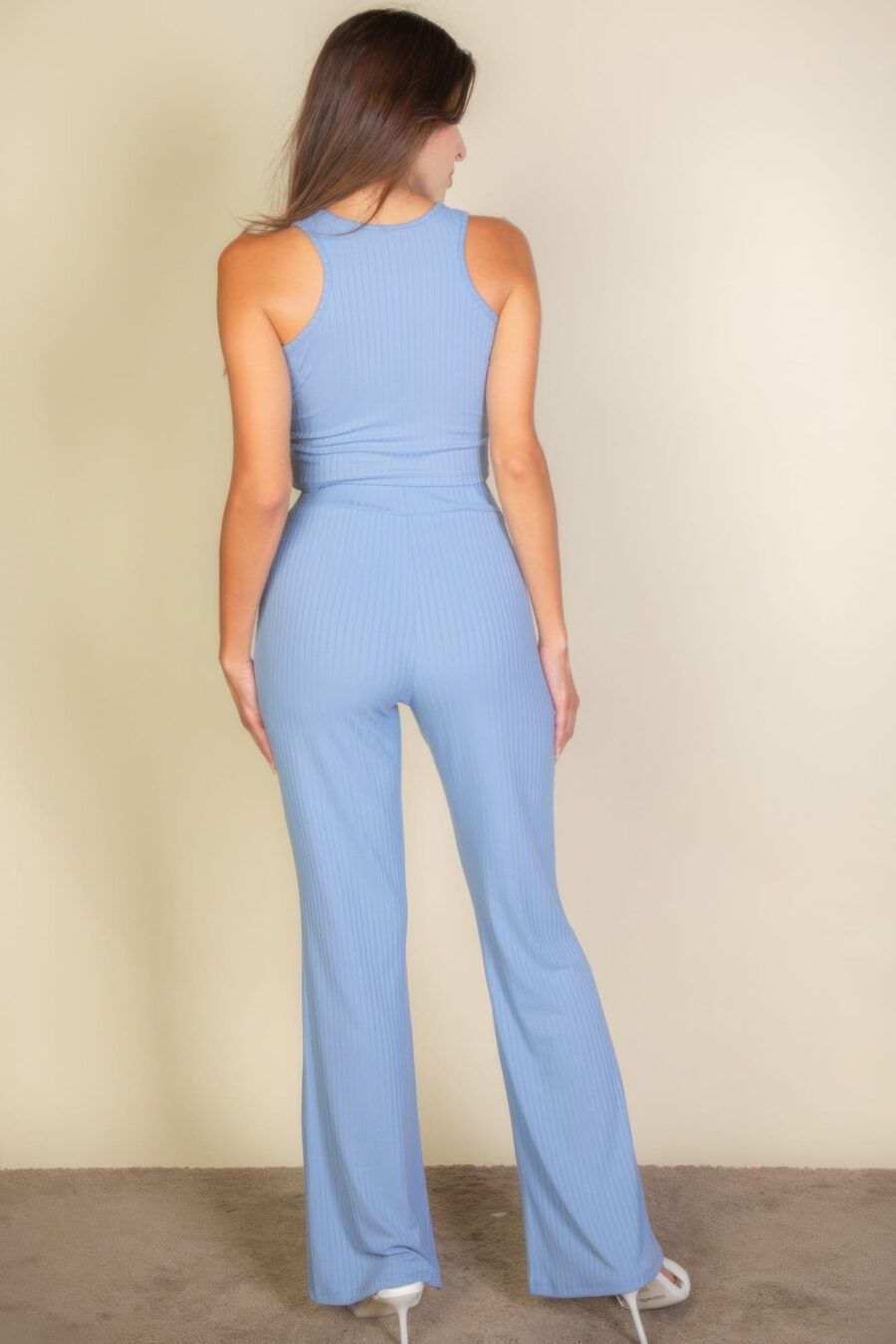 Ribbed cropped top and bootcut pants sets