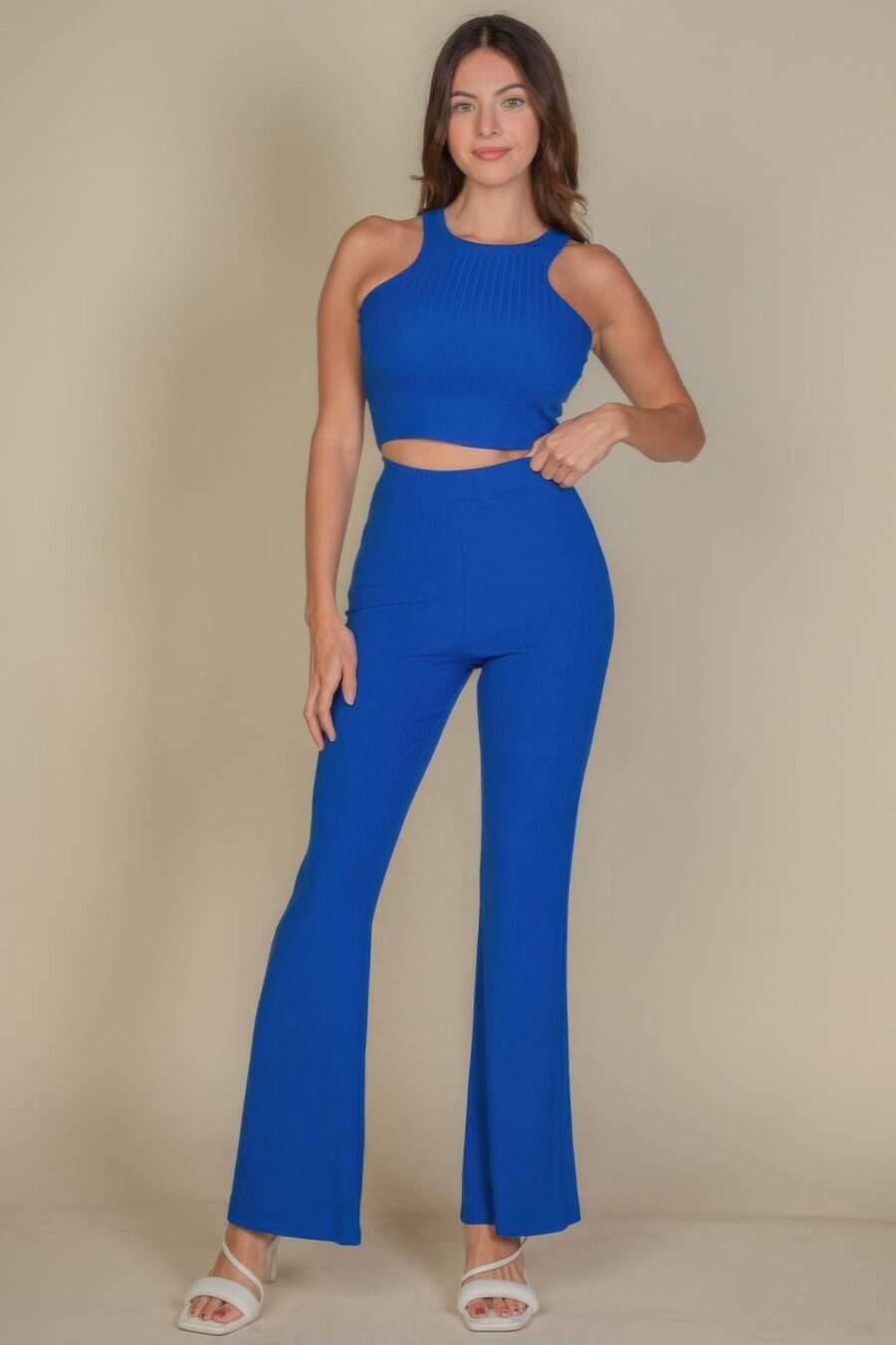 Ribbed cropped top and bootcut pants sets