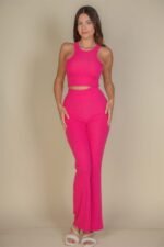 Ribbed Cropped Top And Bootcut Pants Sets - Image 19