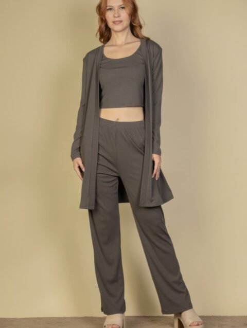 Flat Back Rib 3 Pieces Cami Top With Pants And Long Cardigan Set