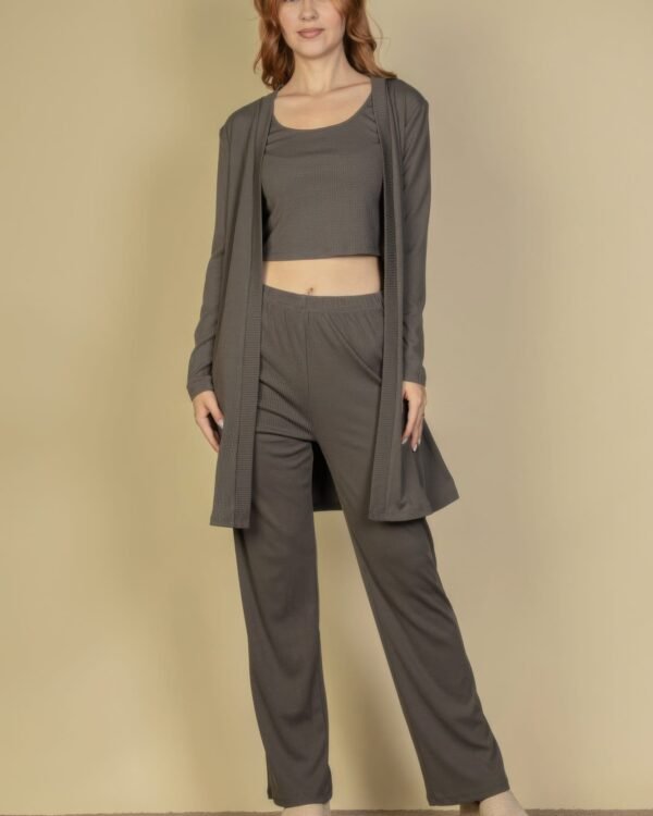 Flat Back Rib 3 Pieces Cami Top With Pants And Long Cardigan Set