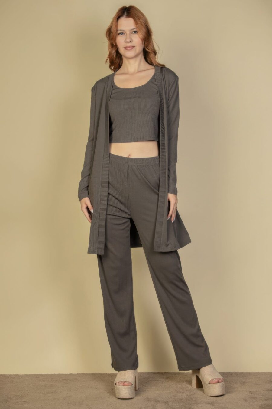 Flat back rib 3 pieces cami top with pants and long cardigan set