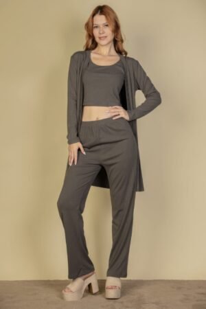 Flat Back Rib 3 Pieces Cami Top With Pants And Long Cardigan Set Flat Back Rib 3 Pieces Cami Top With Pants And Long Cardigan Set