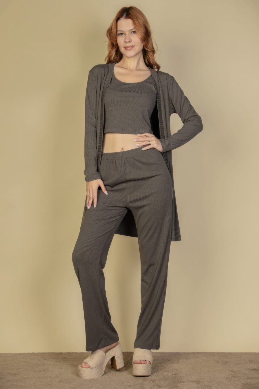 Flat back rib 3 pieces cami top with pants and long cardigan set