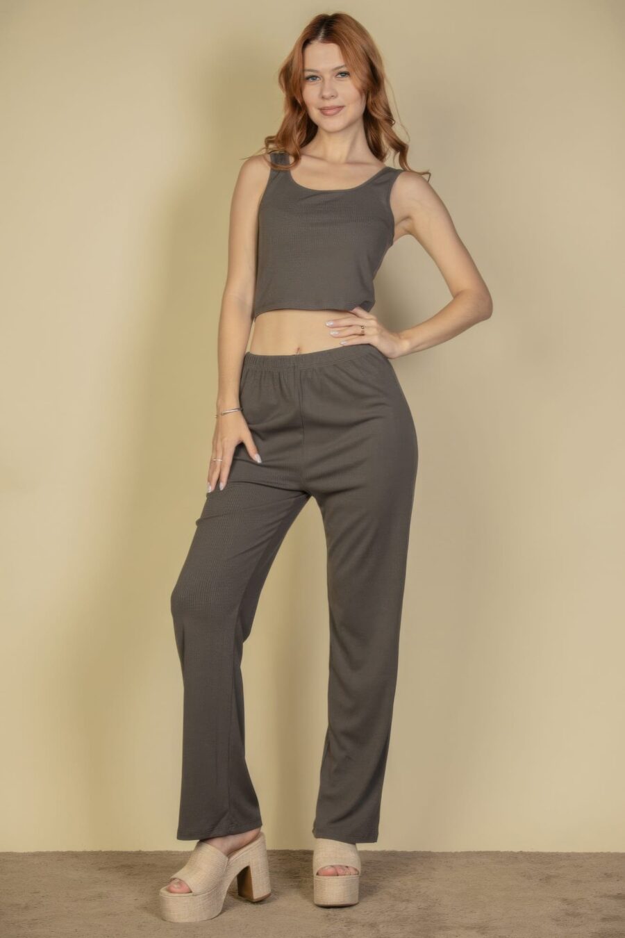 Flat back rib 3 pieces cami top with pants and long cardigan set