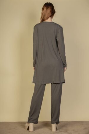 Flat Back Rib 3 Pieces Cami Top With Pants And Long Cardigan Set Flat Back Rib 3 Pieces Cami Top With Pants And Long Cardigan Set