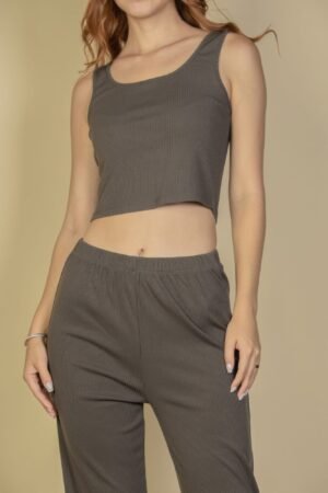Flat Back Rib 3 Pieces Cami Top With Pants And Long Cardigan Set Flat Back Rib 3 Pieces Cami Top With Pants And Long Cardigan Set