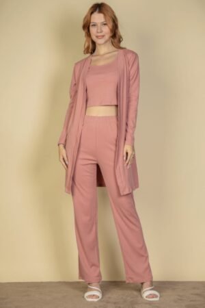 Flat Back Rib 3 Pieces Cami Top With Pants And Long Cardigan Set Flat Back Rib 3 Pieces Cami Top With Pants And Long Cardigan Set