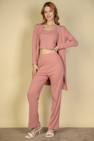 Flat Back Rib 3 Pieces Cami Top With Pants And Long Cardigan Set Flat Back Rib 3 Pieces Cami Top With Pants And Long Cardigan Set