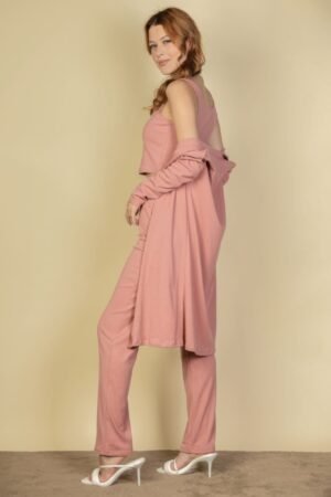 Flat Back Rib 3 Pieces Cami Top With Pants And Long Cardigan Set Flat Back Rib 3 Pieces Cami Top With Pants And Long Cardigan Set