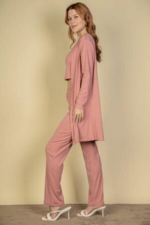 Flat Back Rib 3 Pieces Cami Top With Pants And Long Cardigan Set Flat Back Rib 3 Pieces Cami Top With Pants And Long Cardigan Set