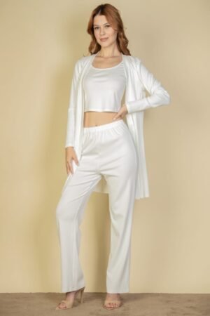 Flat Back Rib 3 Pieces Cami Top With Pants And Long Cardigan Set Flat Back Rib 3 Pieces Cami Top With Pants And Long Cardigan Set