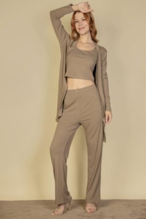 Flat Back Rib 3 Pieces Cami Top With Pants And Long Cardigan Set Flat Back Rib 3 Pieces Cami Top With Pants And Long Cardigan Set