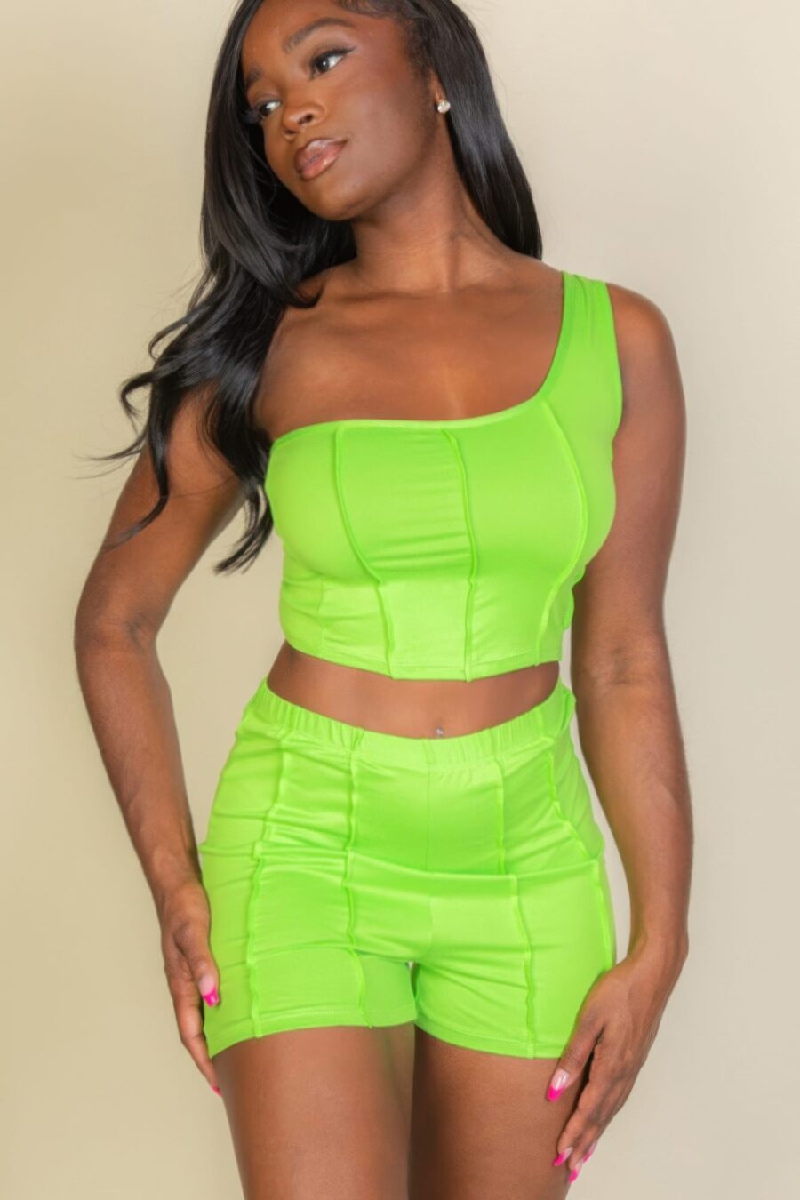 Exposed seam one shoulder crop top & shorts set