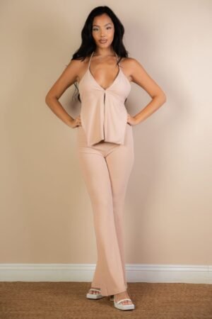 Split Front Backless Halter Top & Flare Pants Set Split Front Backless Halter Top & Flare Pants Set