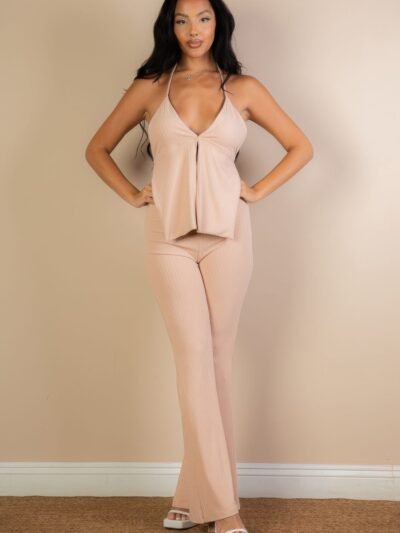 Split Front Backless Halter Top & Flare Pants Set Split Front Backless Halter Top & Flare Pants Set