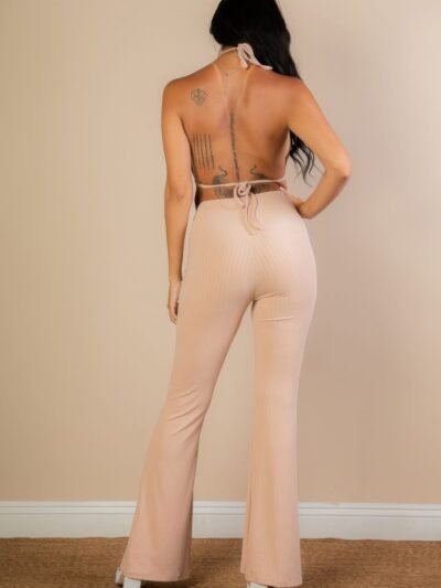 Split Front Backless Halter Top & Flare Pants Set Split Front Backless Halter Top & Flare Pants Set