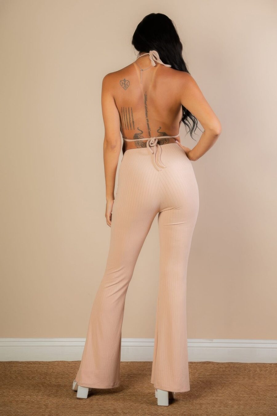 Split front backless halter top & flare pants set