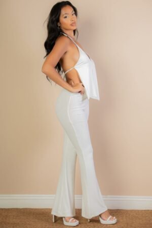 Split Front Backless Halter Top & Flare Pants Set Halter Set White – Split Front Backless Top & Flare Pants