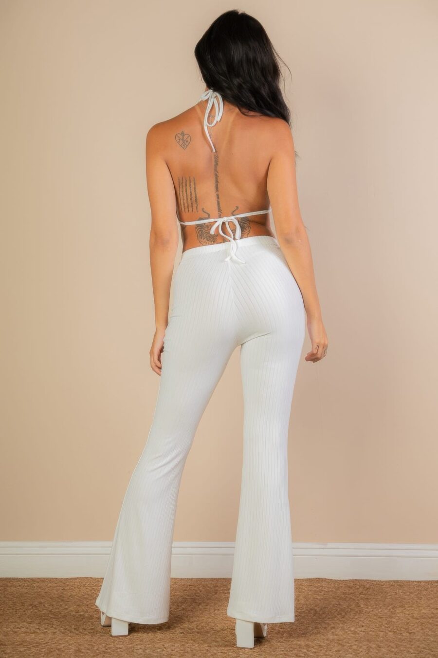 Split front backless halter top & flare pants set