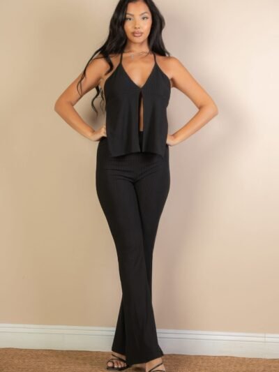 Split Front Backless Halter Top & Flare Pants Set Split Front Backless Halter Top & Flare Pants Set