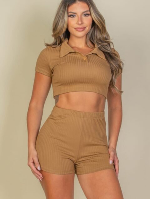 Ribbed Collared Short Sleeve Crop Top & Shorts Set