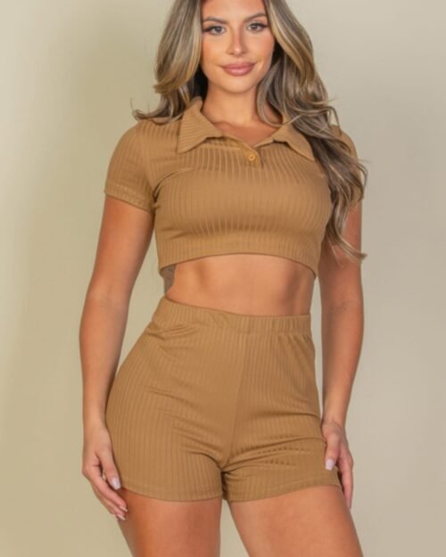 Ribbed Collared Short Sleeve Crop Top & Shorts Set
