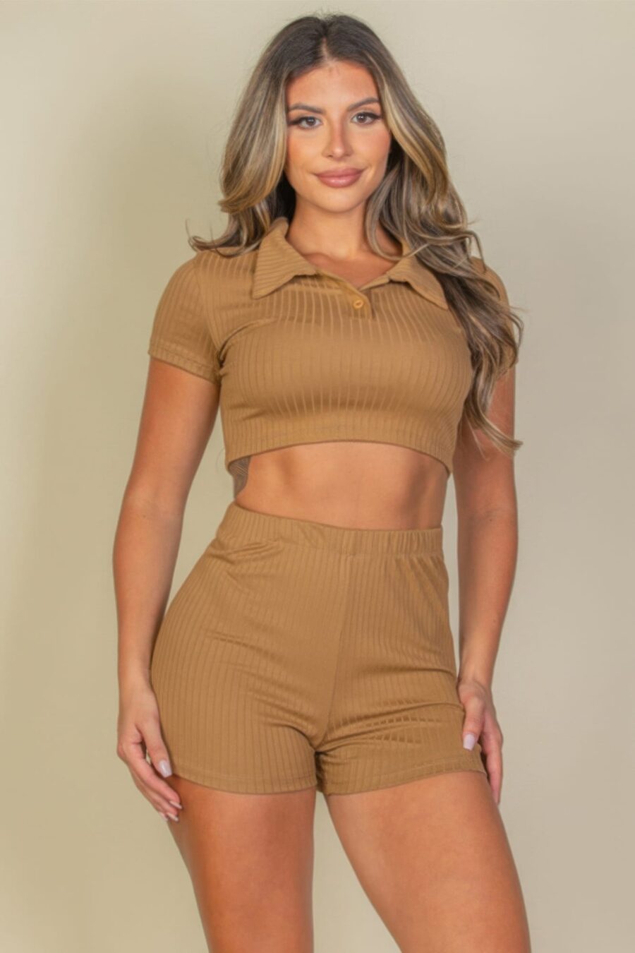 Ribbed collared short sleeve crop top & shorts set