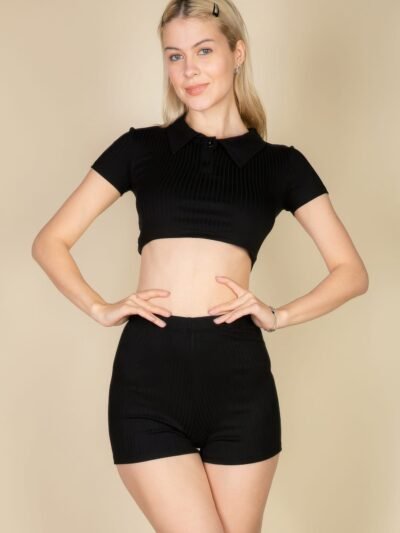 Ribbed Collared Short Sleeve Crop Top & Shorts Set