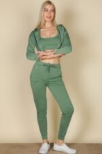 French Terry Cropped Cami With Zip-up Jacket And Joggers Set - Image 2